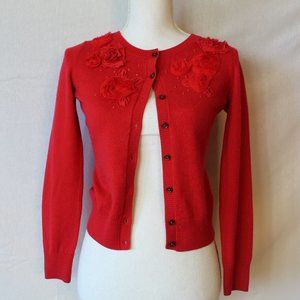 Banana Republic Fine Merino Wool Red Cardigan w/ Rosette Detailing (S)